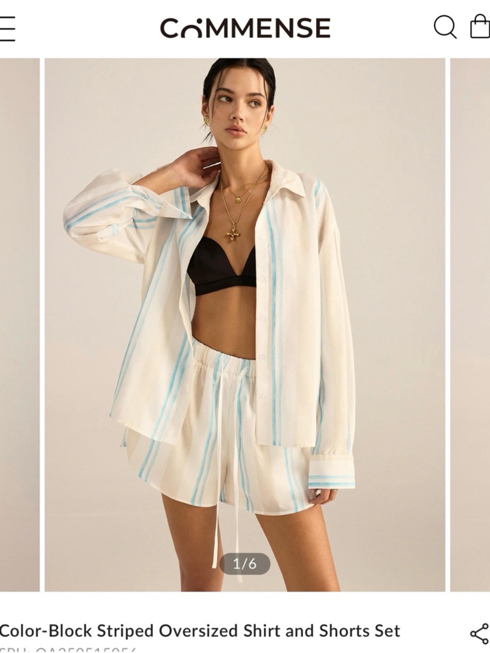 Commense Cream Shirt and Shorts Set with Light Blue Stripes